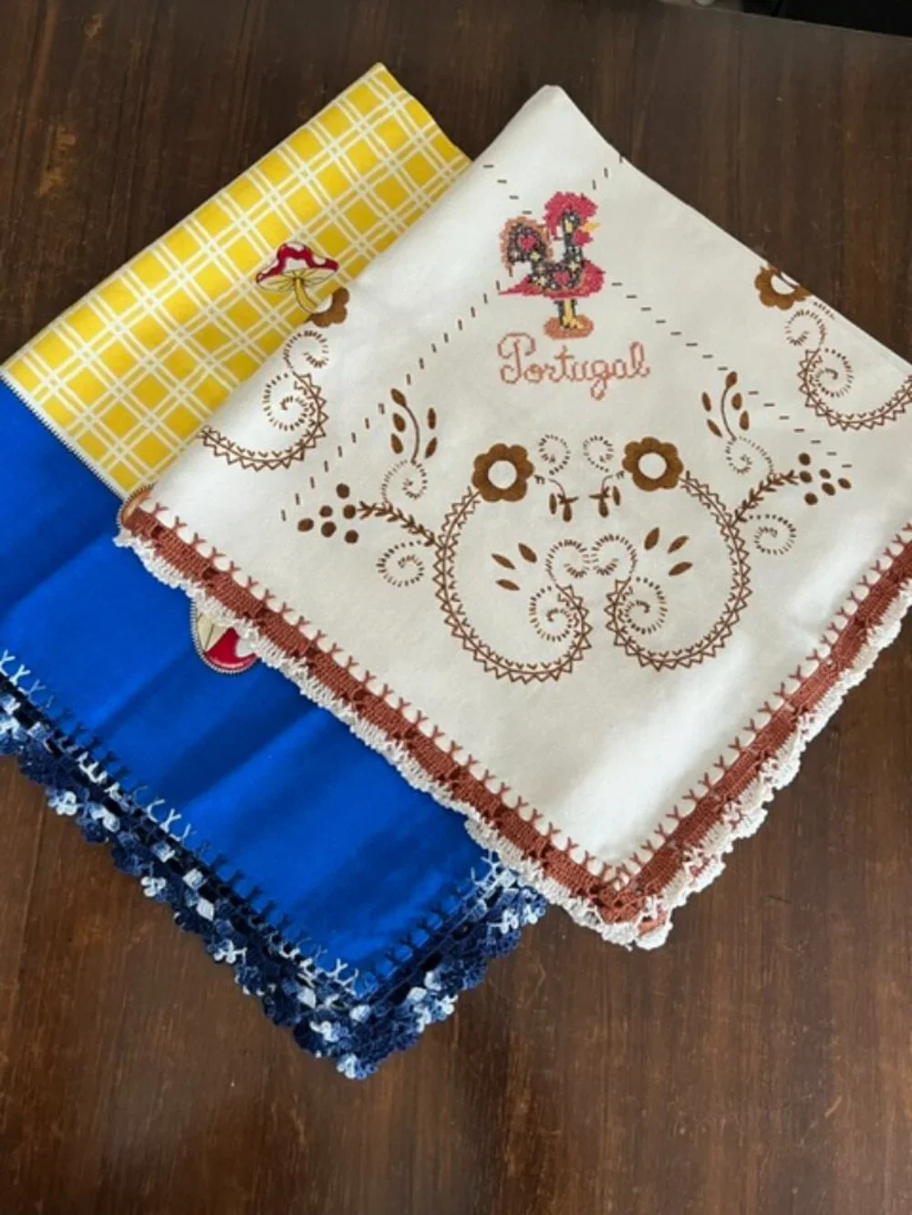 Two Vintage Cotton Hand Embroidered  Tea Square Tablecloths (Beige & Blue)